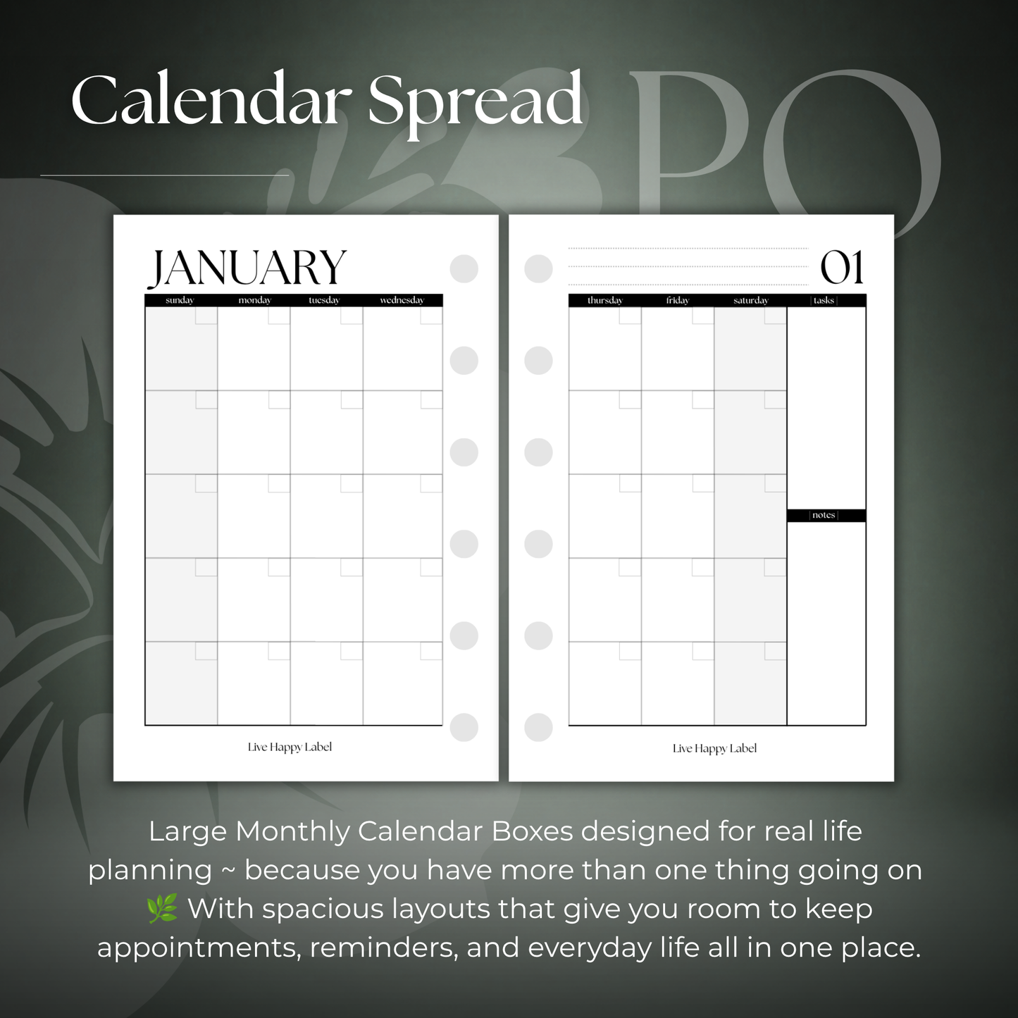 Undated Monthly Calendar Inserts | Pocket, 6-ring Punch