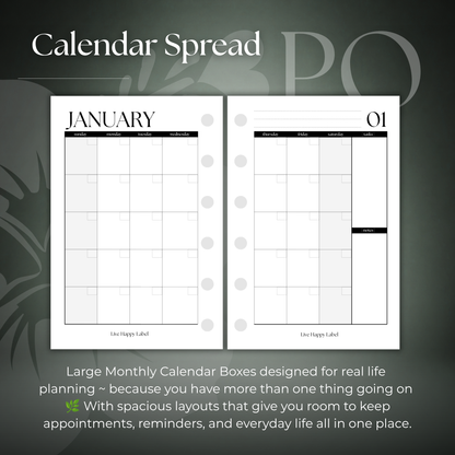 Undated Monthly Calendar Inserts | Pocket, 6-ring Punch