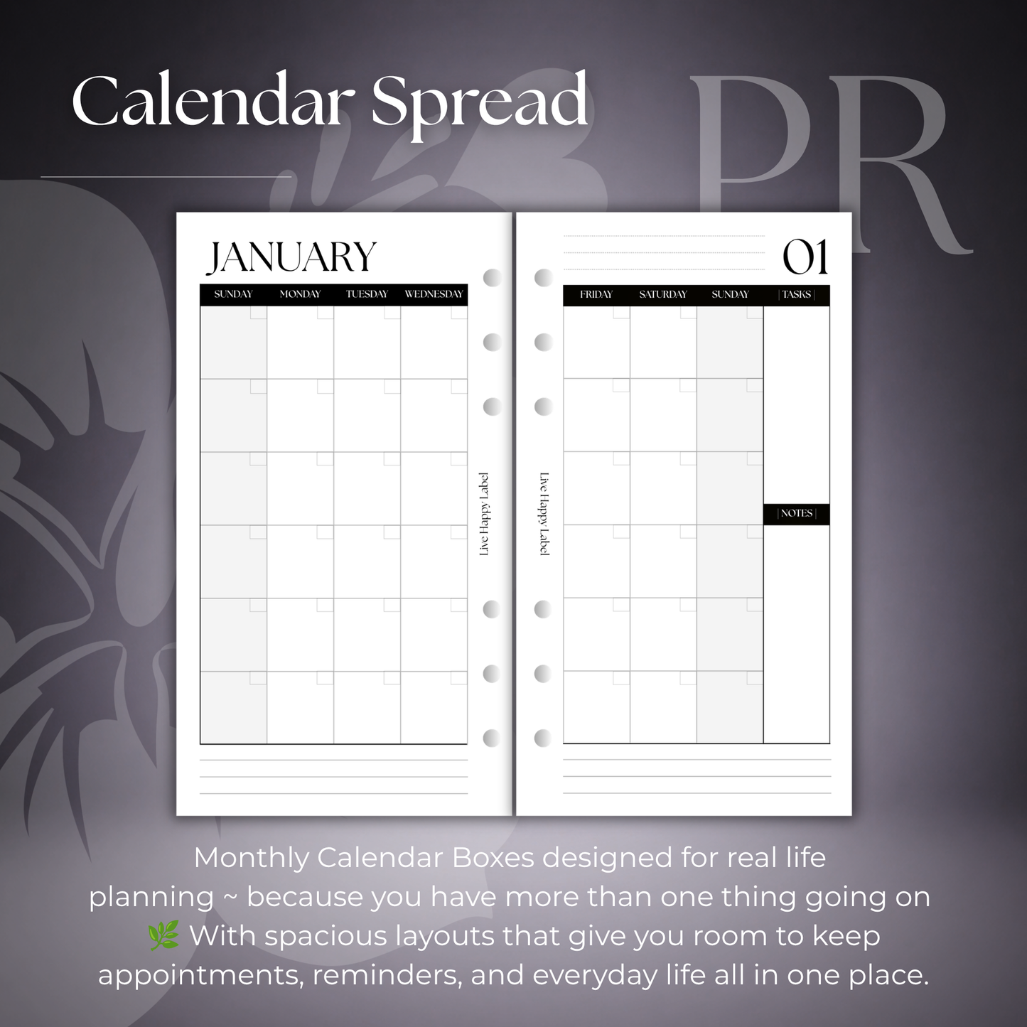 Undated Monthly Calendar  MO2P | Personal 6-Hole Ringbound