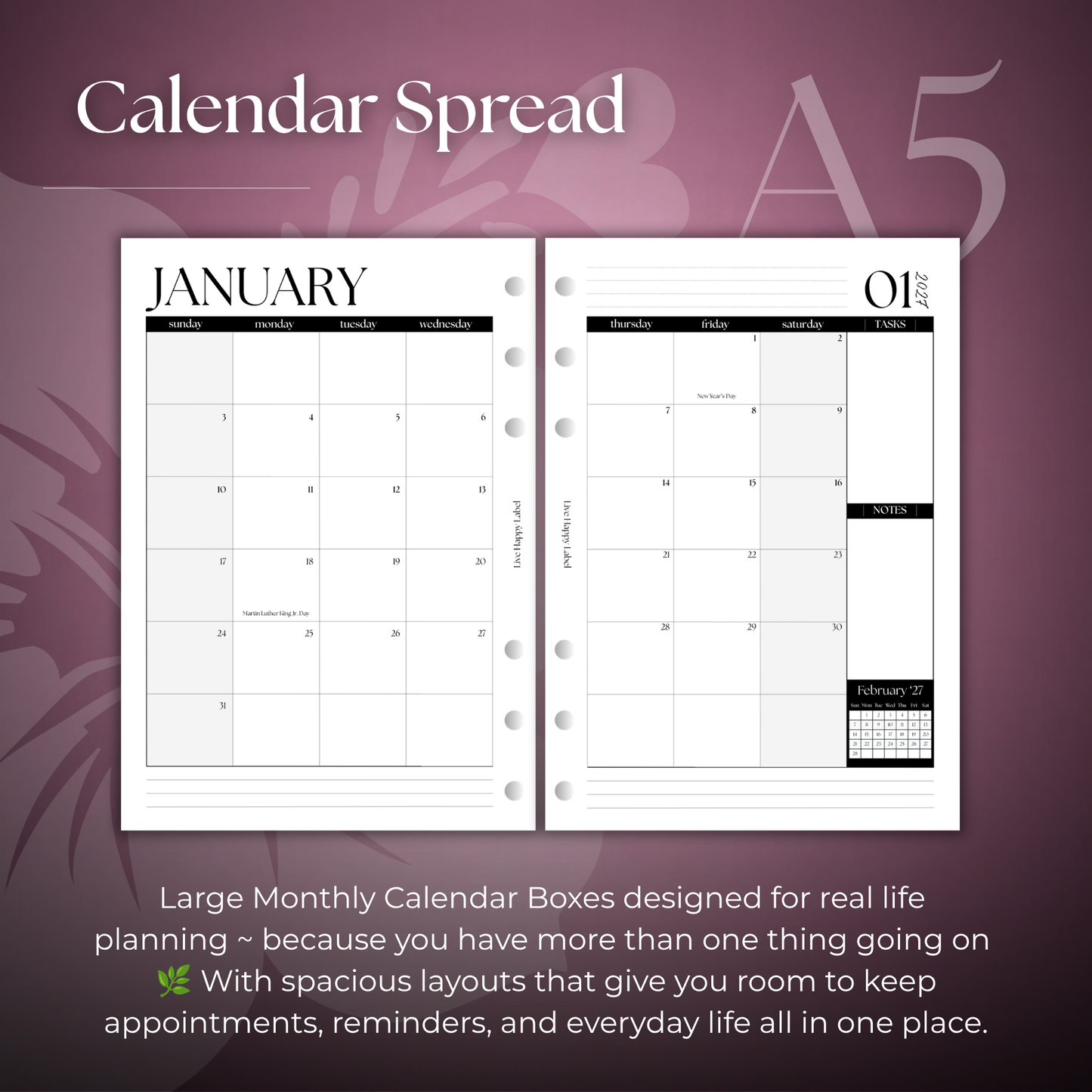 2027 Monthly Calendar  MO2P | A5 6-Hole Ringbound