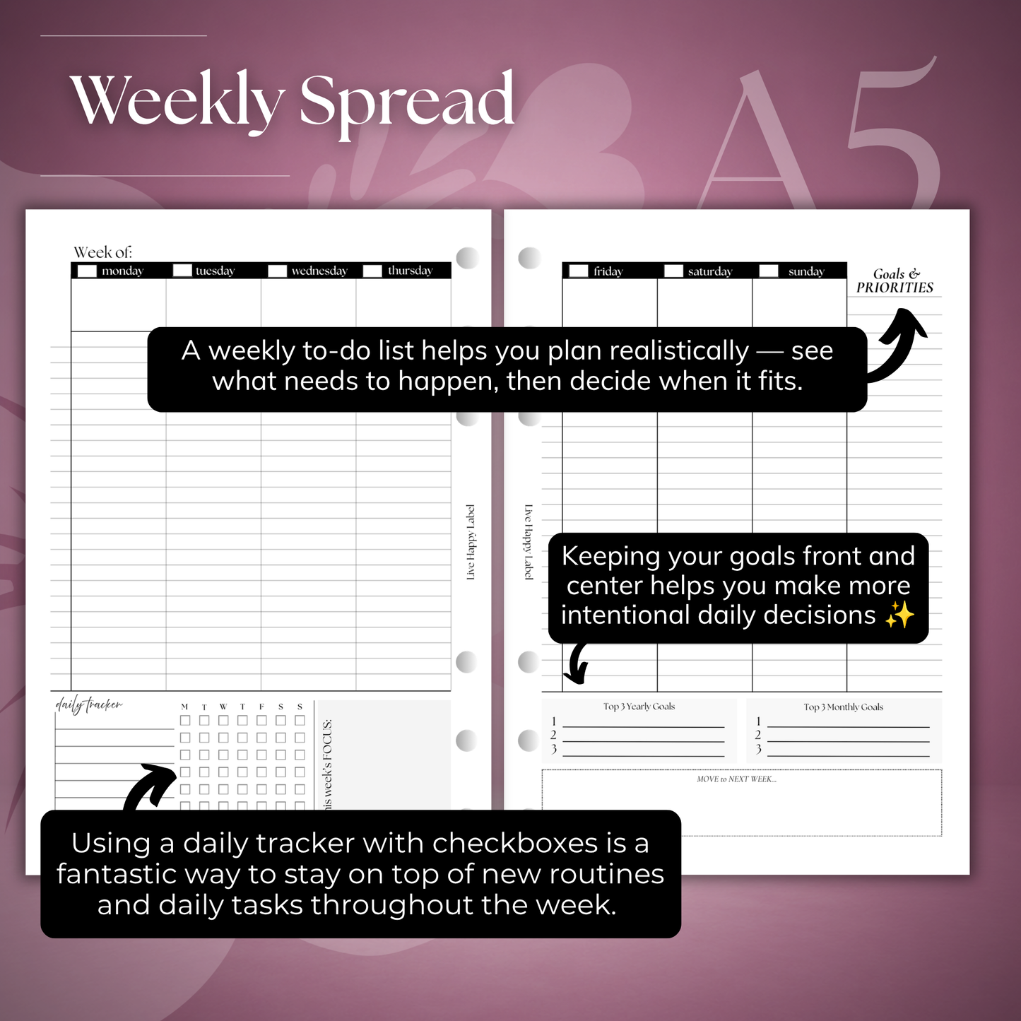 Undated Weekly Planner Inserts ~ Time Blocking Format | A5, 6-ring Punch