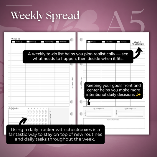 Undated Weekly Planner Inserts ~ Time Blocking Format | A5, 6-ring Punch