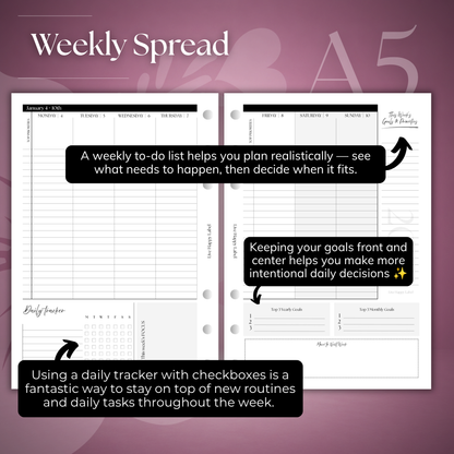 2027 "Time Blocking" Layout Weekly Planner WO2P | A5 6-Hole Ringbound