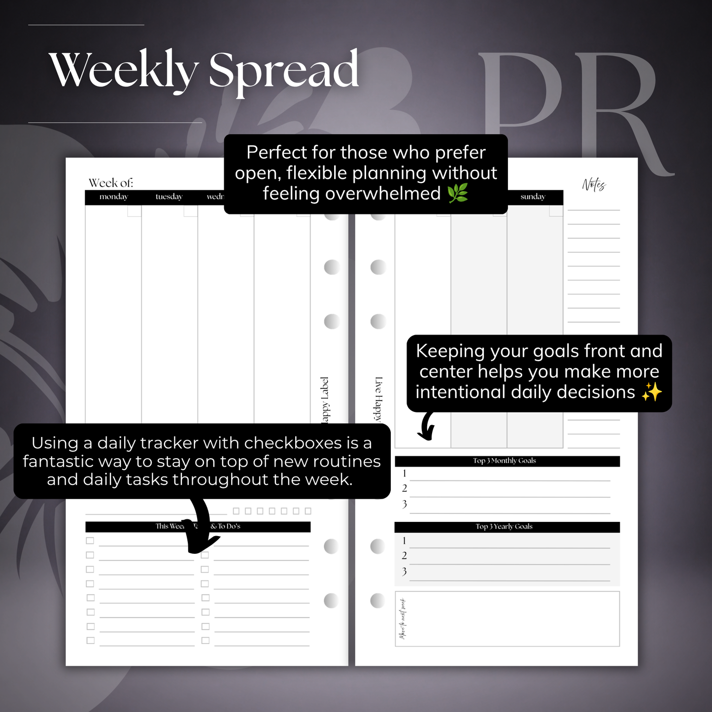 Undated "Vertical" Layout Weekly Planner WO2P | Personal 6-Hole Ringbound