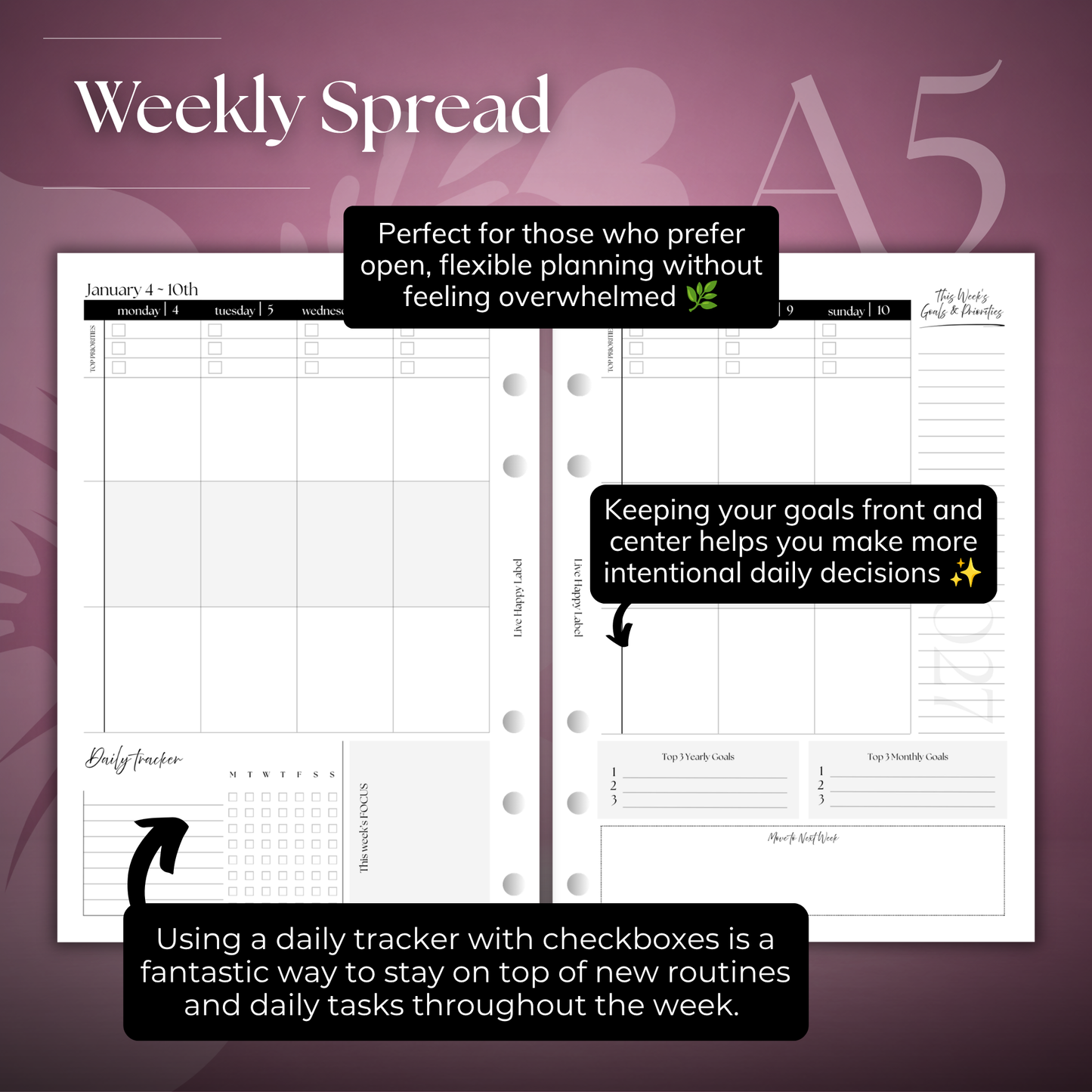 2027 "Vertical" Layout Weekly Planner WO2P | A5 6-Hole Ringbound
