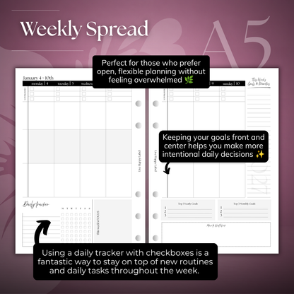 2027 "Vertical" Layout Weekly Planner WO2P | A5 6-Hole Ringbound