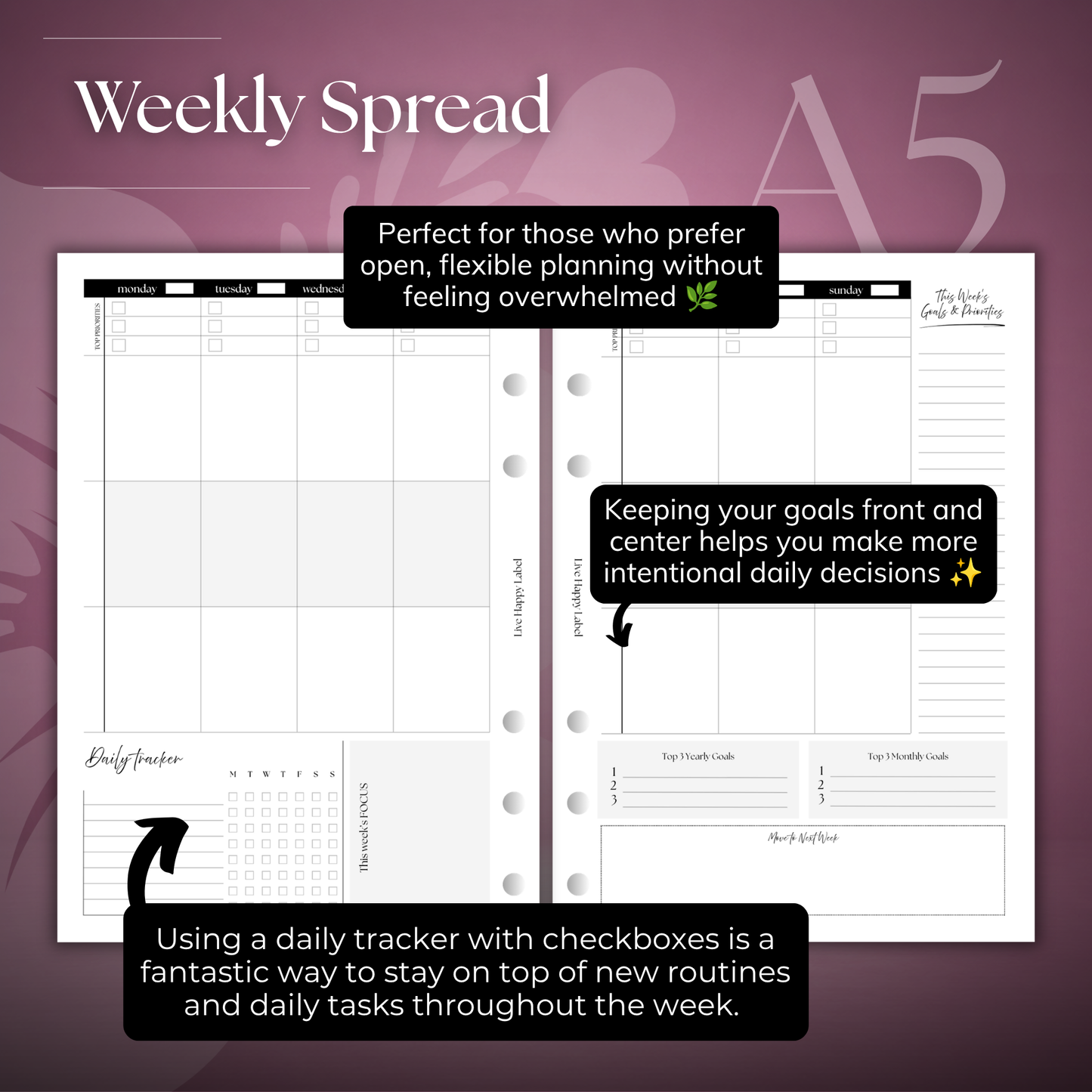 Undated Weekly Planner Inserts ~ Vertical Format | A5, 6-ring Punch