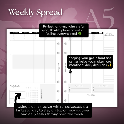 Undated Weekly Planner Inserts ~ Vertical Format | A5, 6-ring Punch