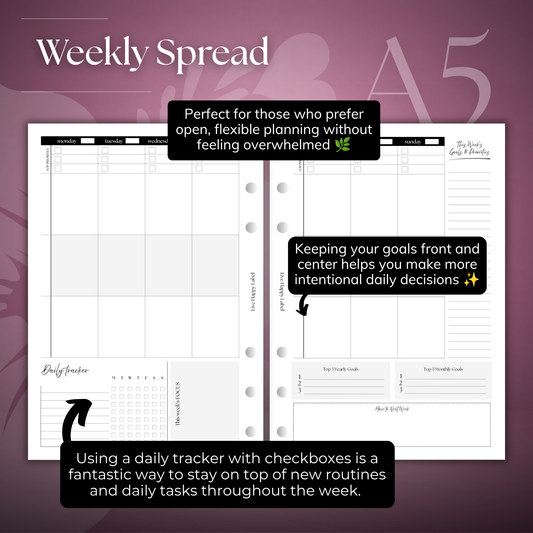 Undated Weekly Planner Inserts ~ Vertical Format | A5, 6-ring Punch