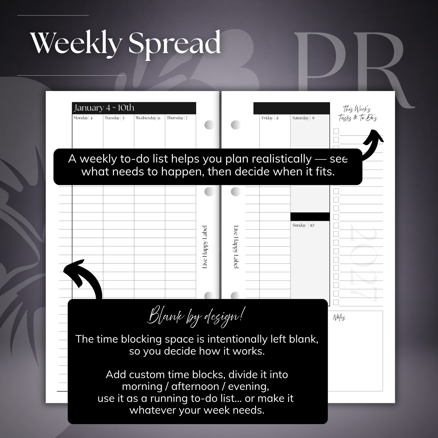 2027 "BOX" Layout Weekly Planner WO4P | Personal 6-Hole Ringbound