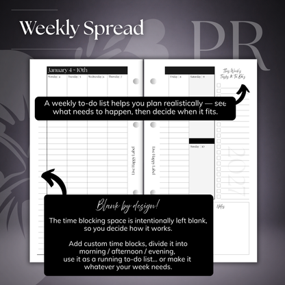 2027 "BOX" Layout Weekly Planner WO4P | Personal 6-Hole Ringbound