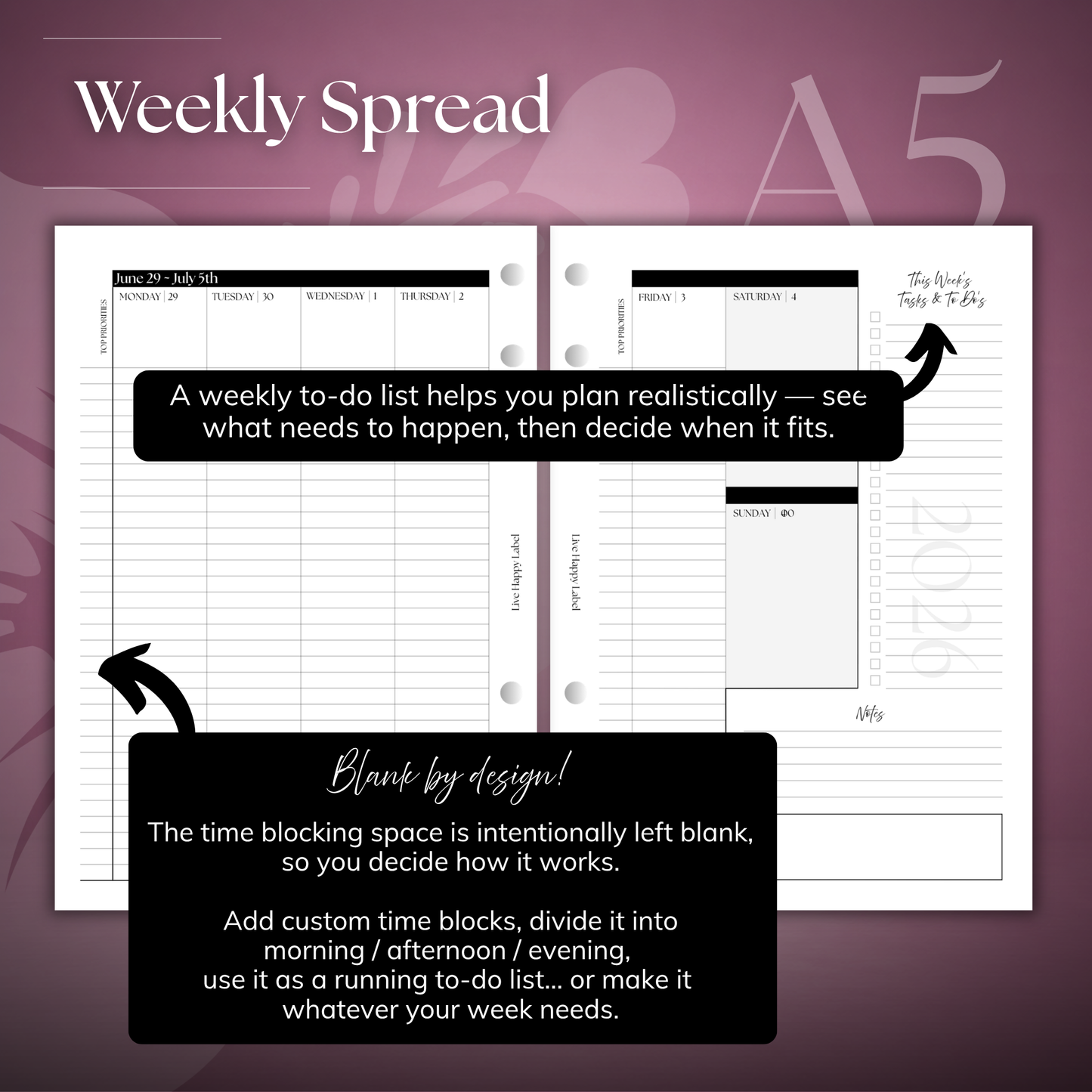 2026-2027 "BOX" Layout Weekly Planner WO4P | A5 6-Hole Ringbound