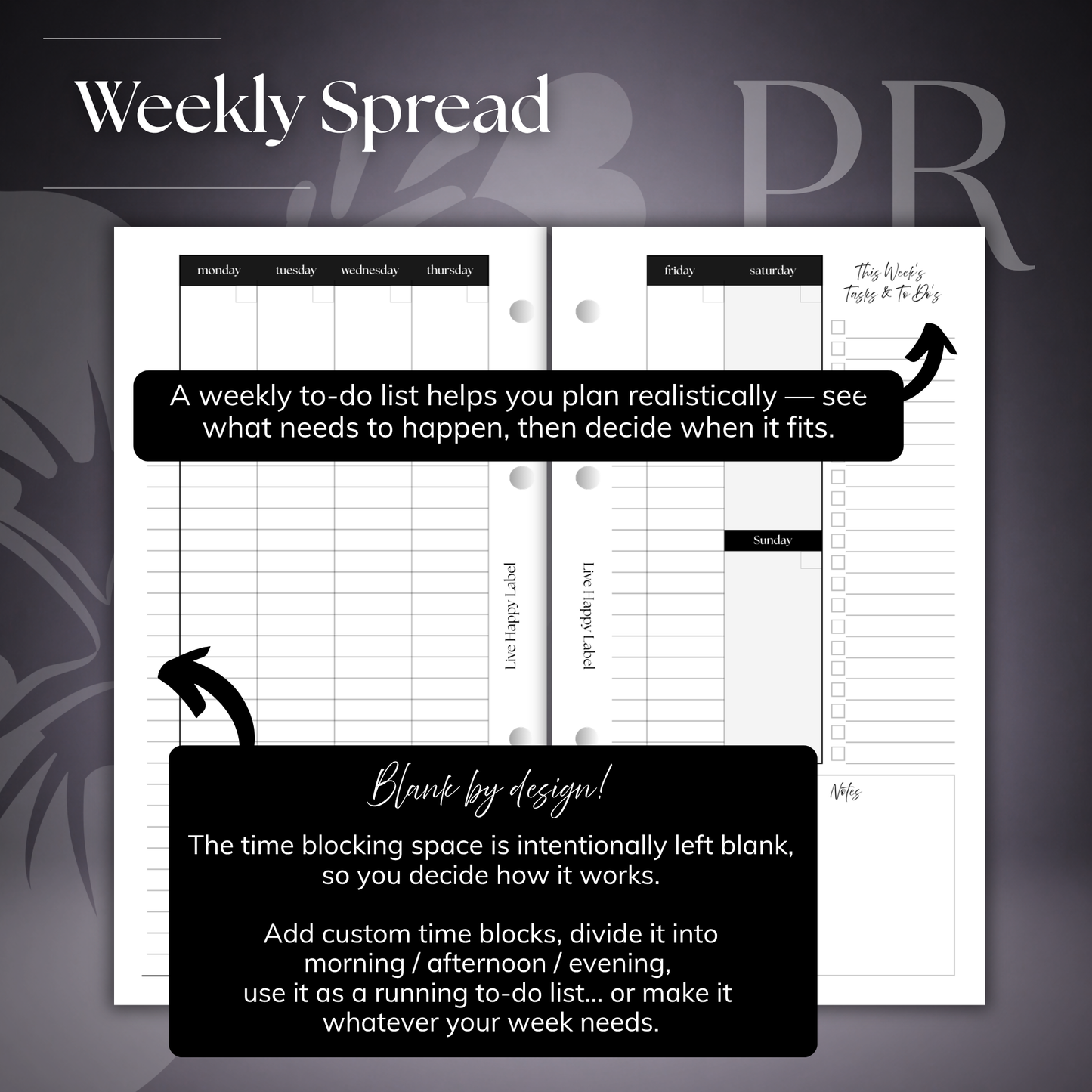 Undated "BOX" Layout Weekly Planner WO4P | Personal 6-Hole Ringbound