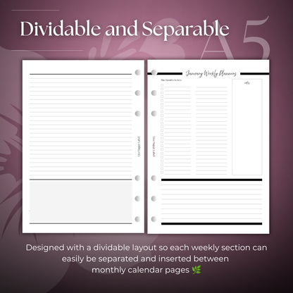 Undated Weekly Planner Inserts ~ Vertical Format | A5, 6-ring Punch