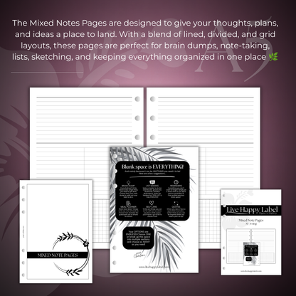 Mixed Note Page Inserts | A5 6-Hole Ringbound