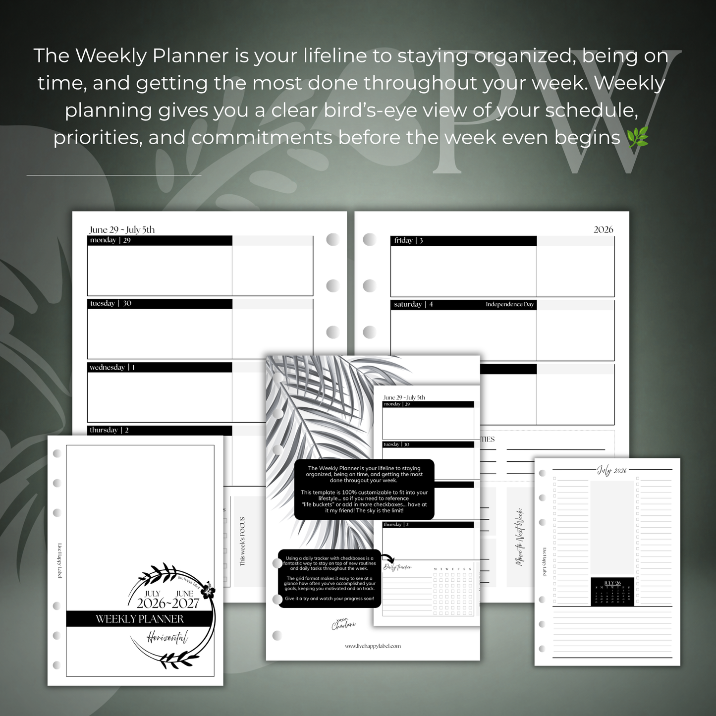 2026-2027 "Horizontal" Layout Weekly Planner WO2P | Personal Wide 6-Hole Ringbound