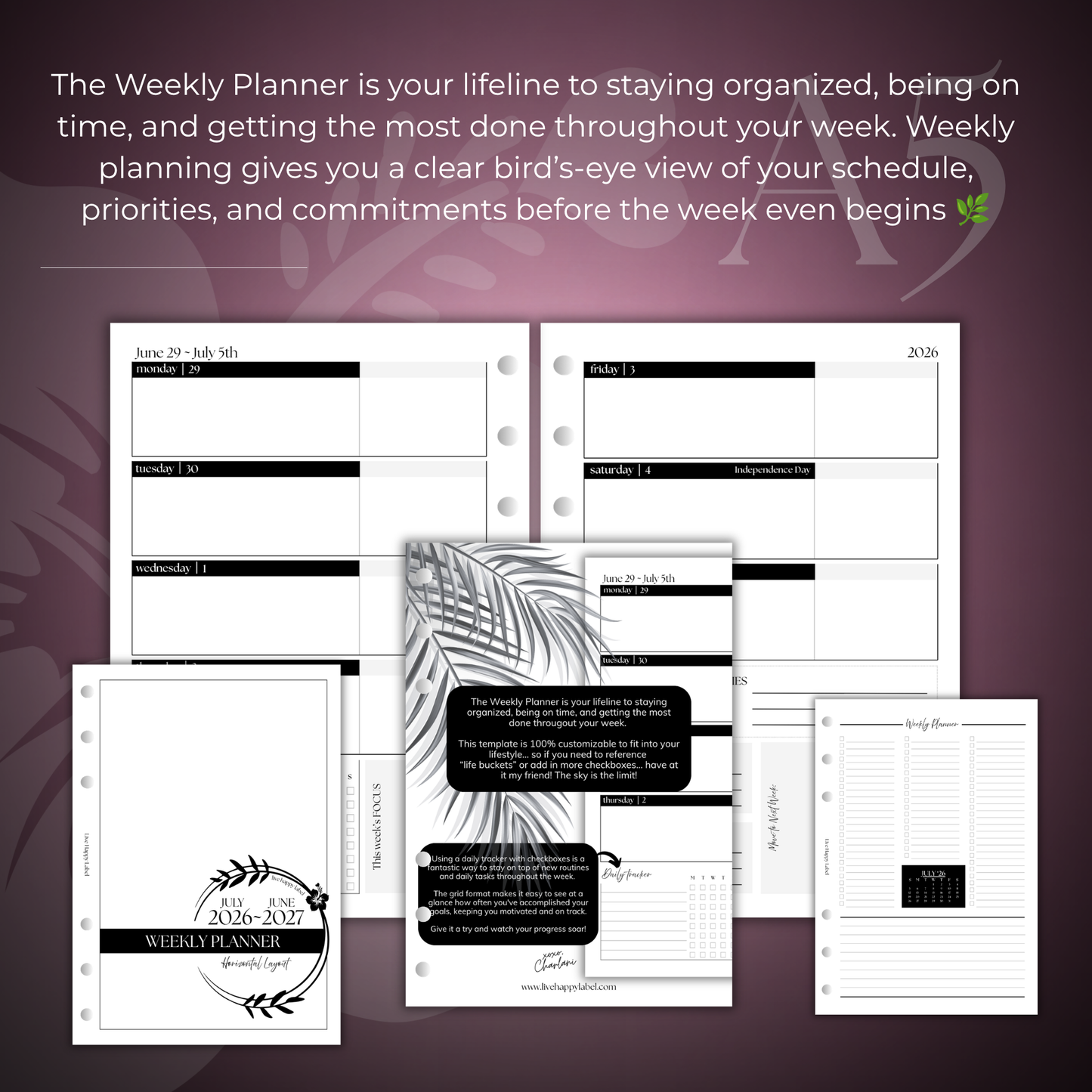 2026-2027 "Horizontal" Layout Weekly Planner WO2P | A5 6-Hole Ringbound