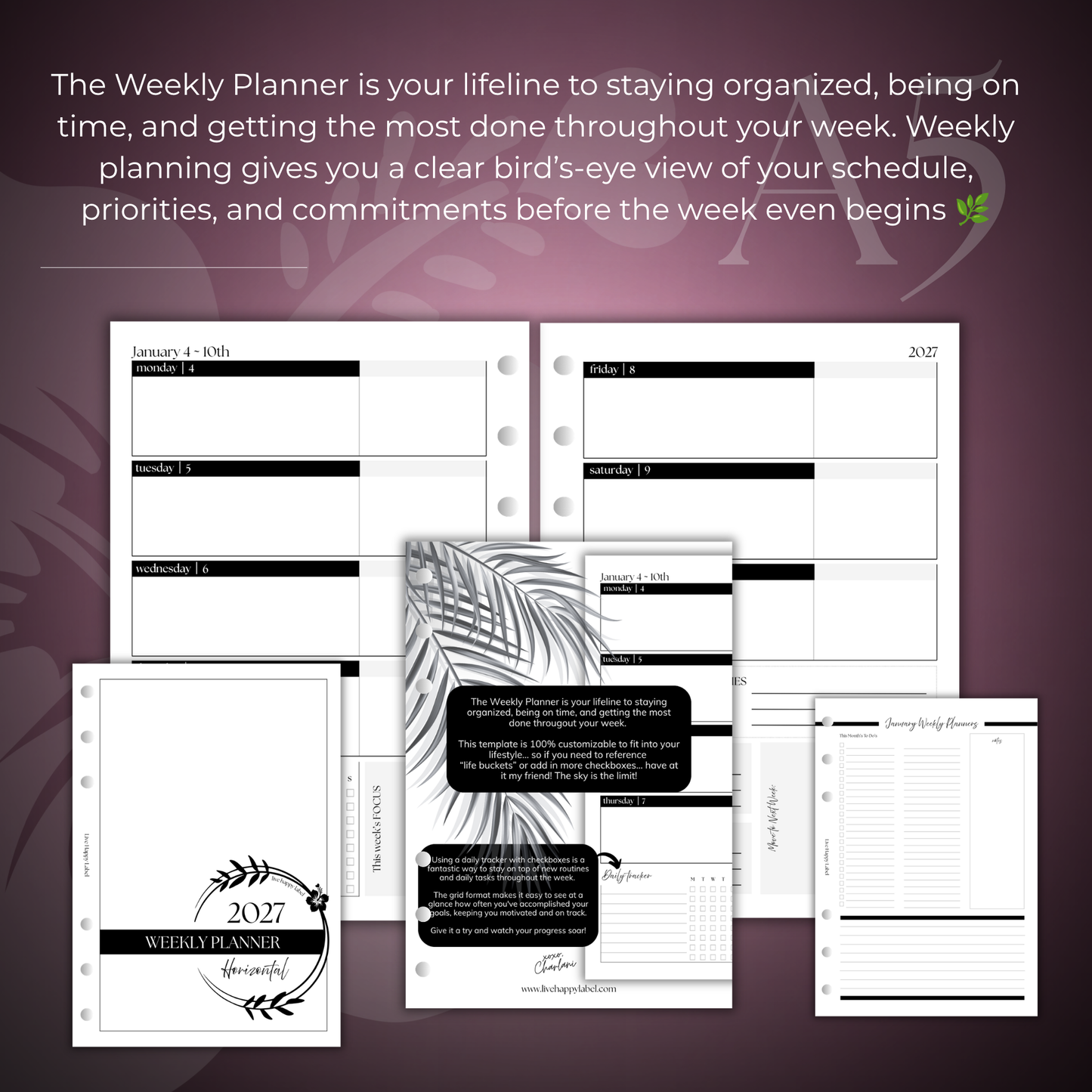 2027 "Horizontal" Layout Weekly Planner WO2P | A5 6-Hole Ringbound