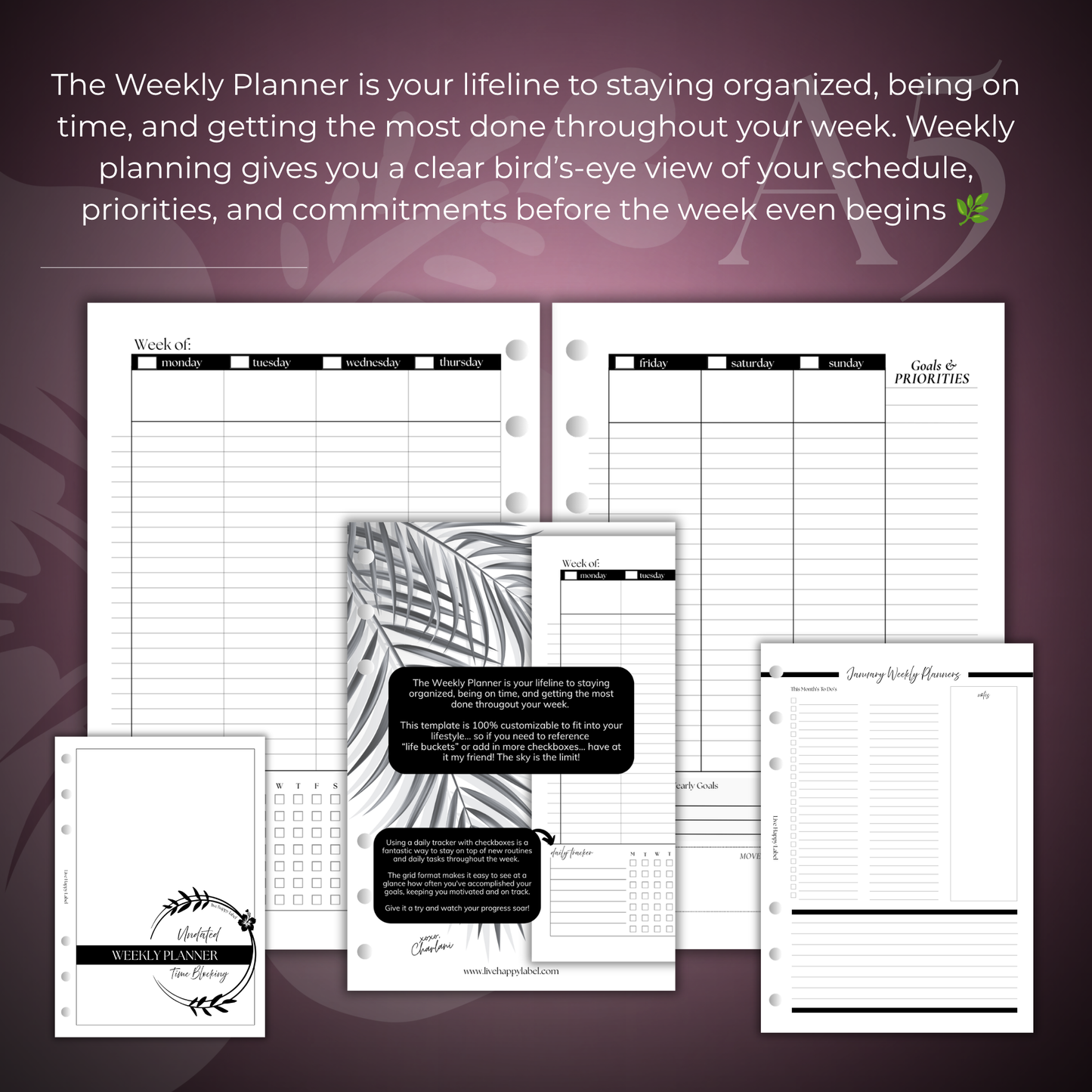 Undated Weekly Planner Inserts ~ Time Blocking Format | A5, 6-ring Punch
