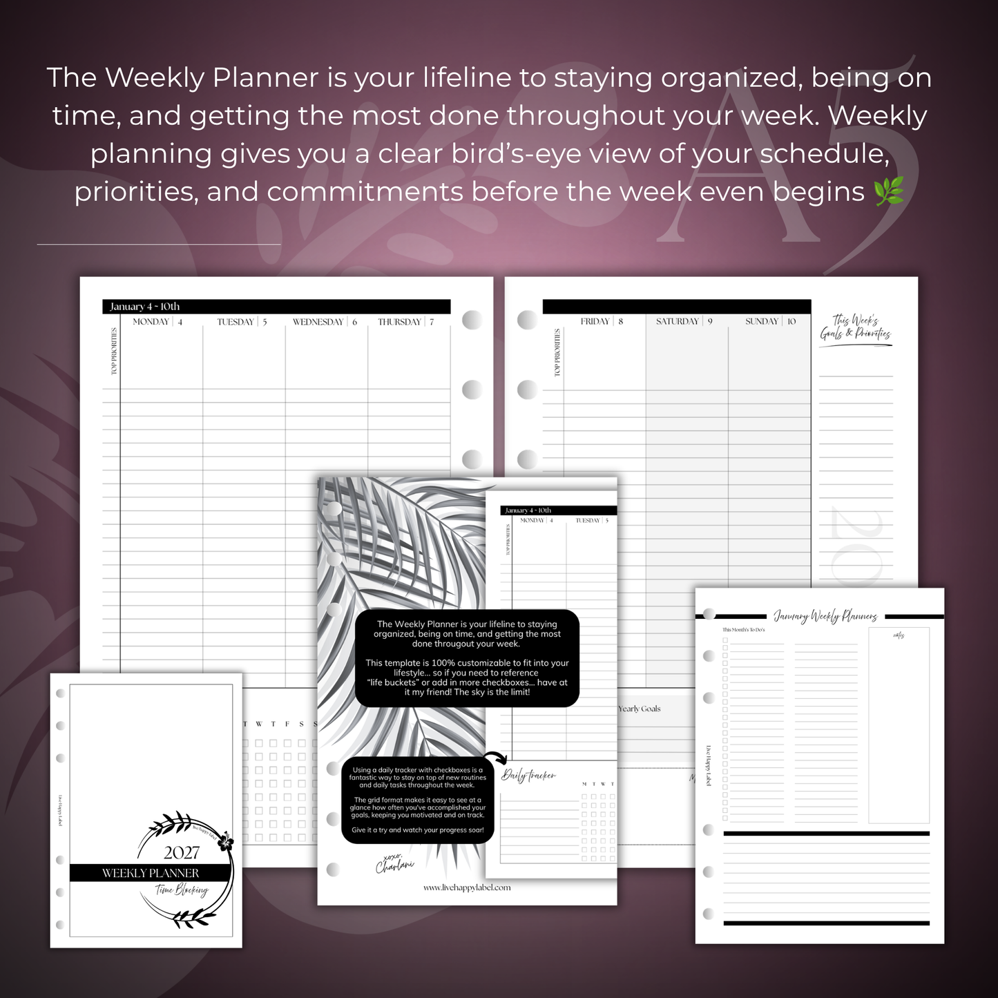 2027 "Time Blocking" Layout Weekly Planner WO2P | A5 6-Hole Ringbound