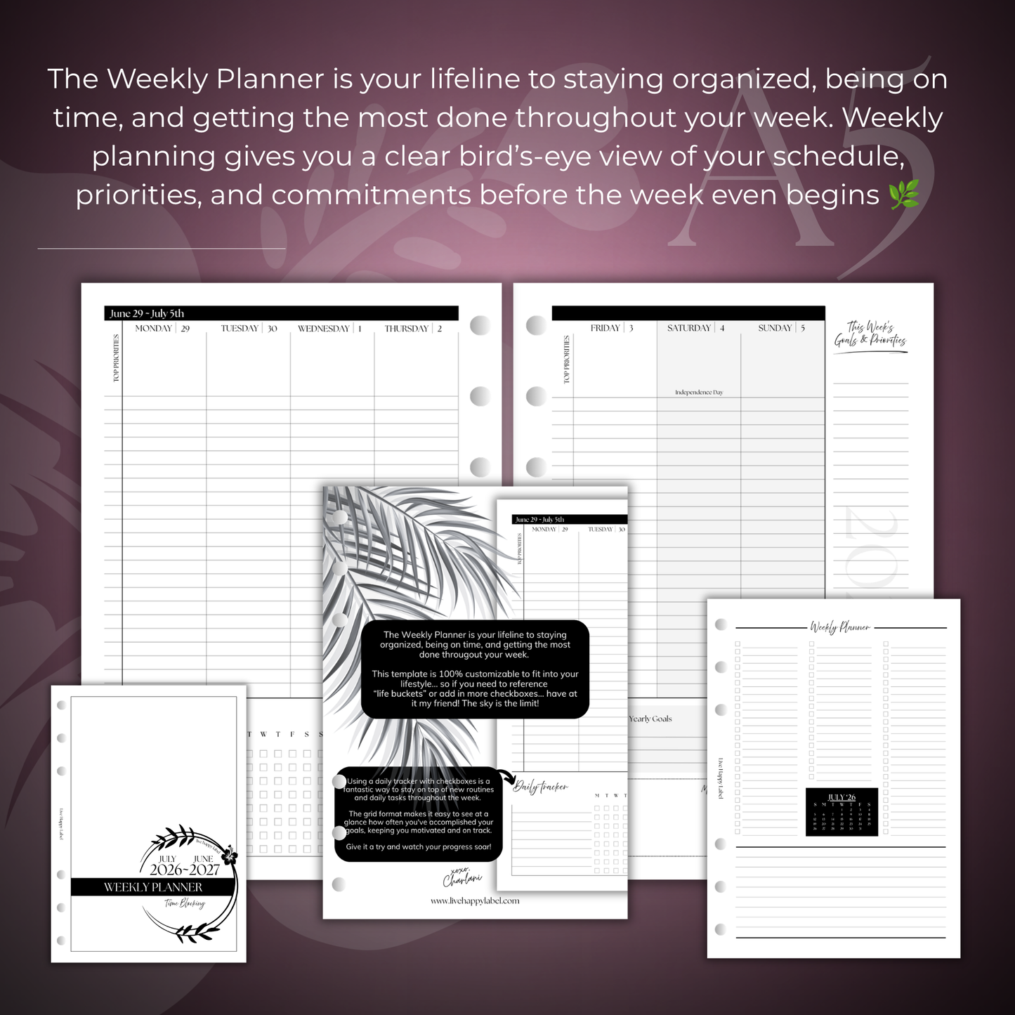 2026-2027 "Time Blocking" Layout Weekly Planner WO2P | A5 6-Hole Ringbound
