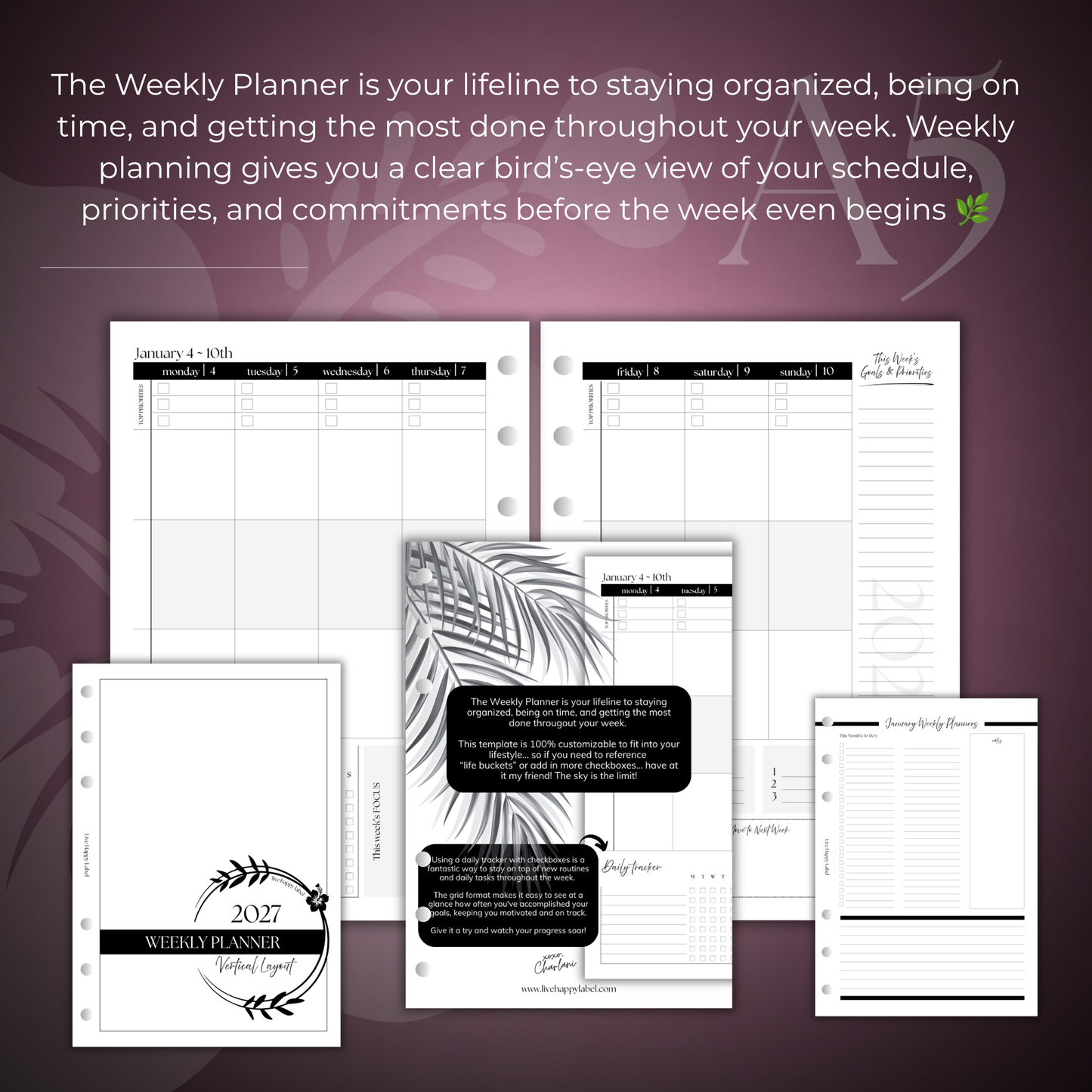 2027 "Vertical" Layout Weekly Planner WO2P | A5 6-Hole Ringbound