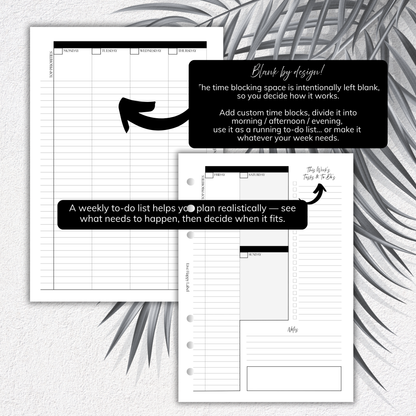 Undated Weekly Planner Inserts ~ Box Format + Time Blocking *DIVIDABLE * | A5, 6-ring Punch