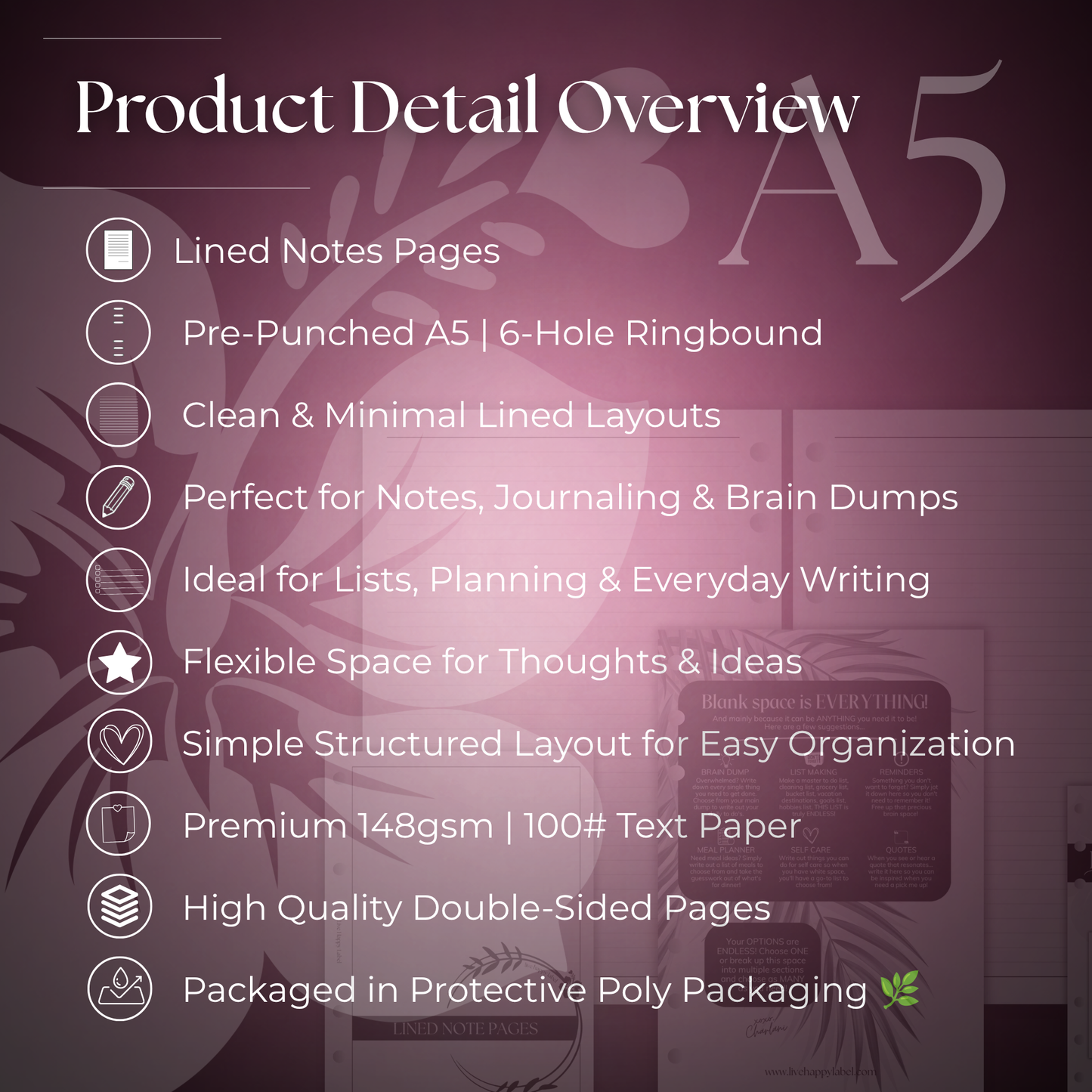 Lined Note Pages | A5 6-Hole Ringbound