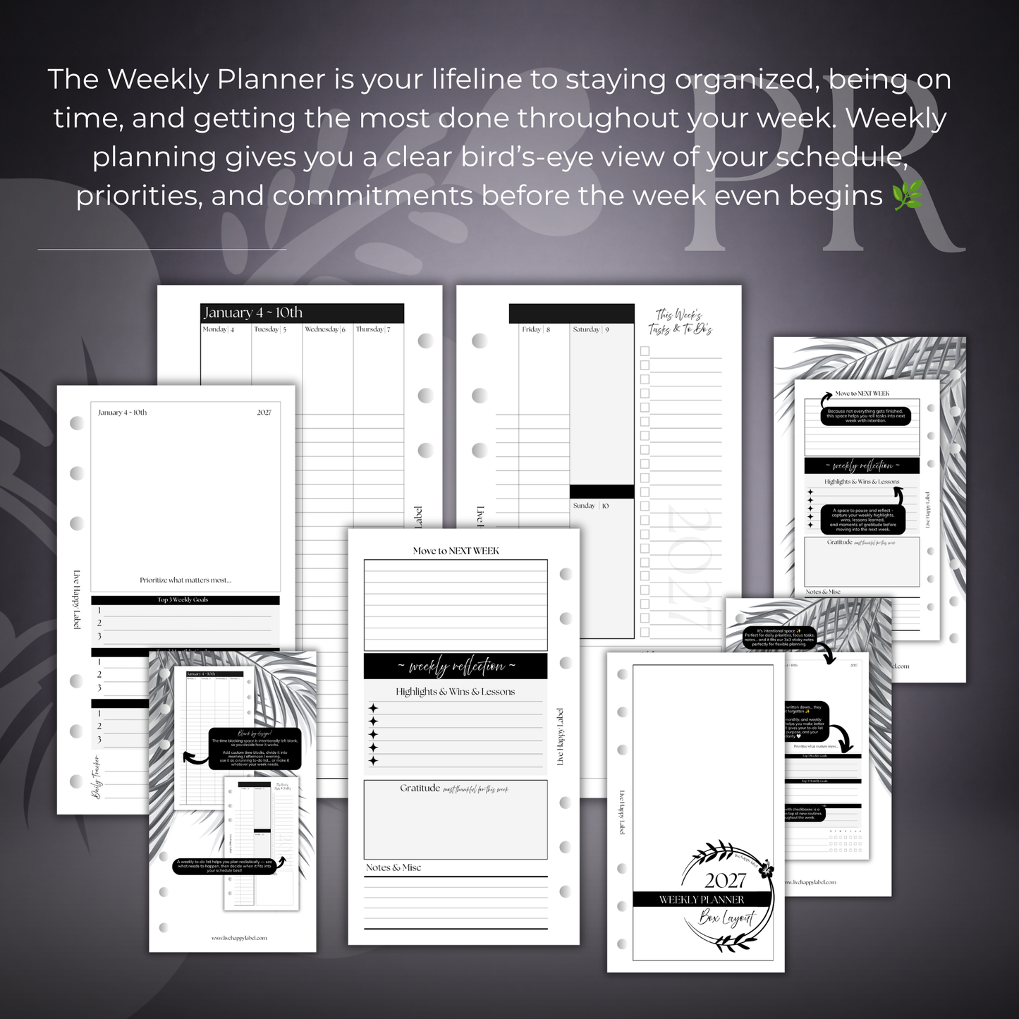 2027 "BOX" Layout Weekly Planner WO4P | Personal 6-Hole Ringbound