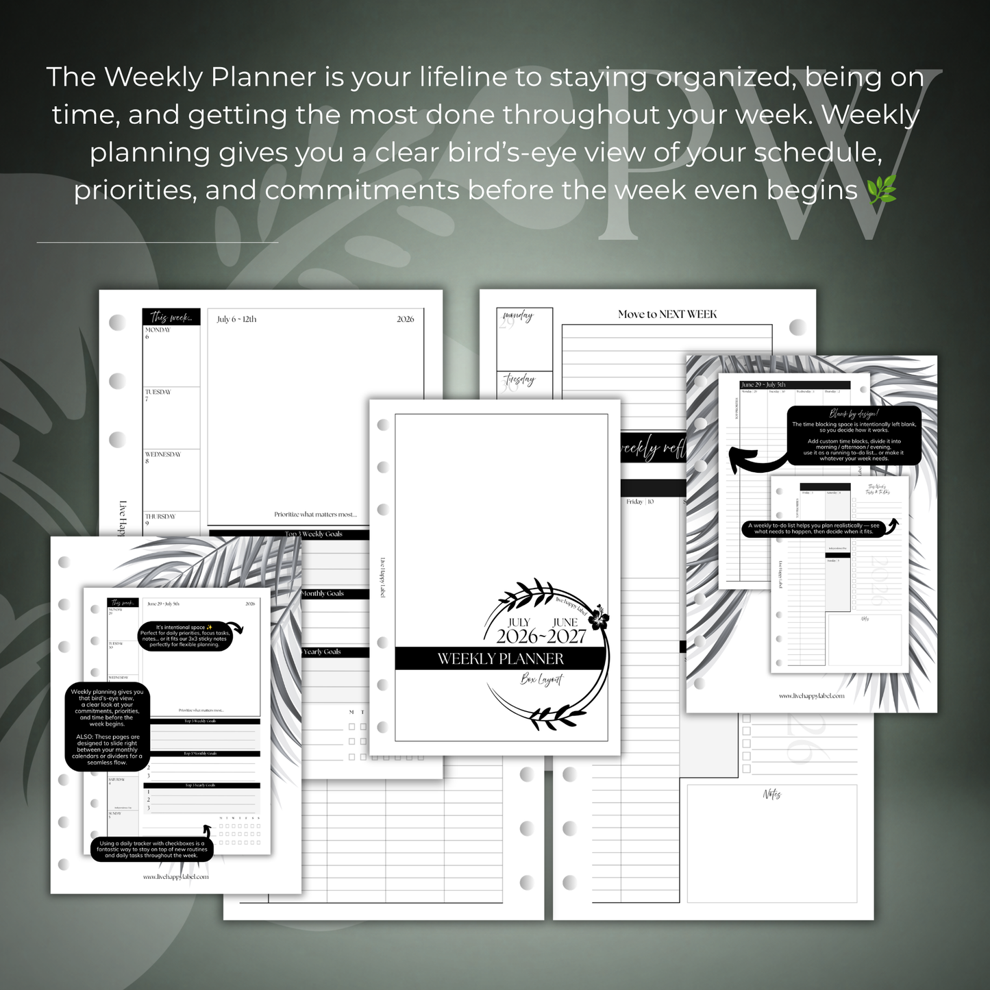 2026-2027 "BOX" Layout Weekly Planner WO4P | Personal Wide 6-Hole Ringbound