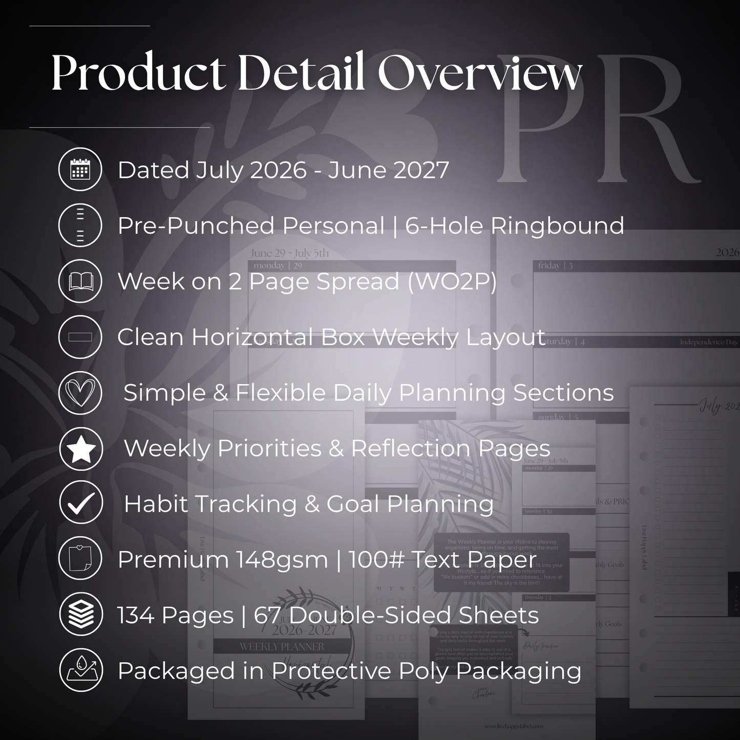2026-2027 "Horizontal" Layout Weekly Planner WO2P | Personal 6-Hole Ringbound