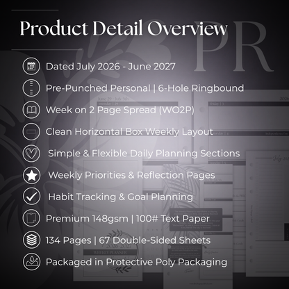 2026-2027 "Horizontal" Layout Weekly Planner WO2P | Personal 6-Hole Ringbound