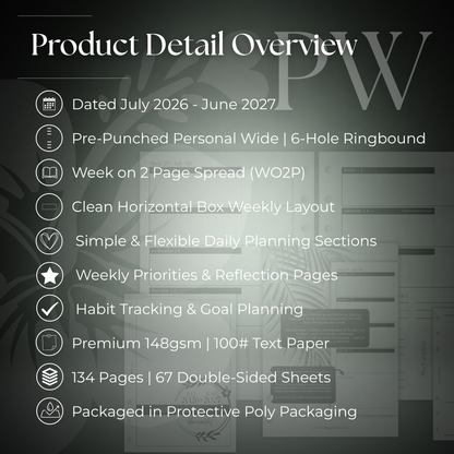 2026-2027 "Horizontal" Layout Weekly Planner WO2P | Personal Wide 6-Hole Ringbound