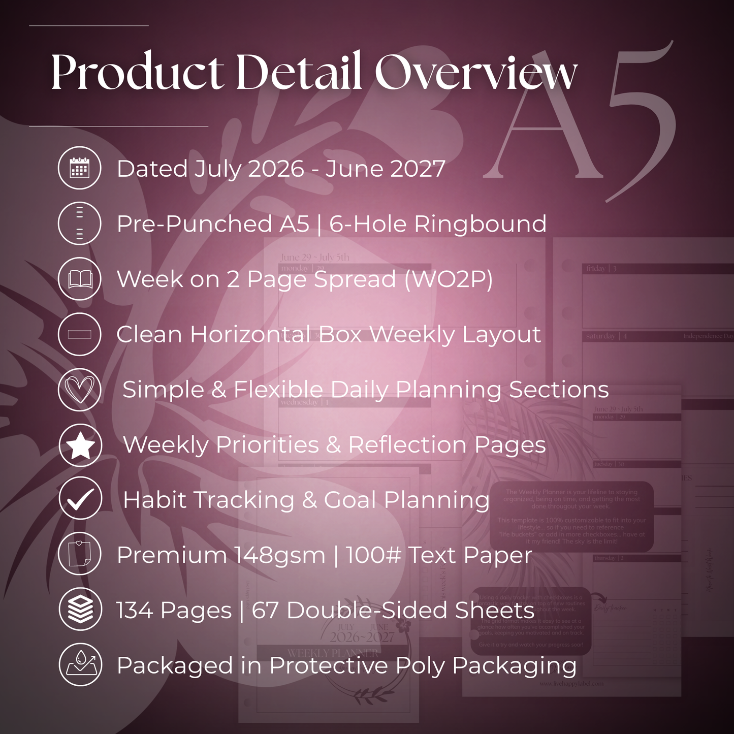 2026-2027 "Horizontal" Layout Weekly Planner WO2P | A5 6-Hole Ringbound