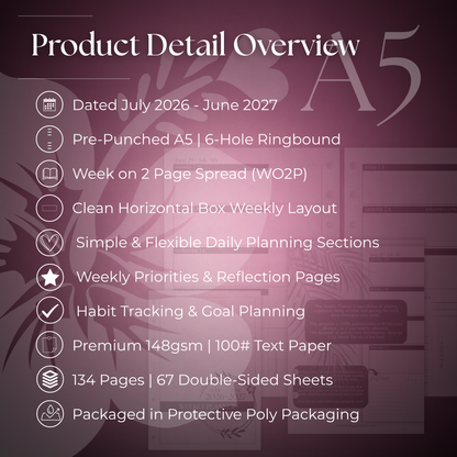 2026-2027 "Horizontal" Layout Weekly Planner WO2P | A5 6-Hole Ringbound
