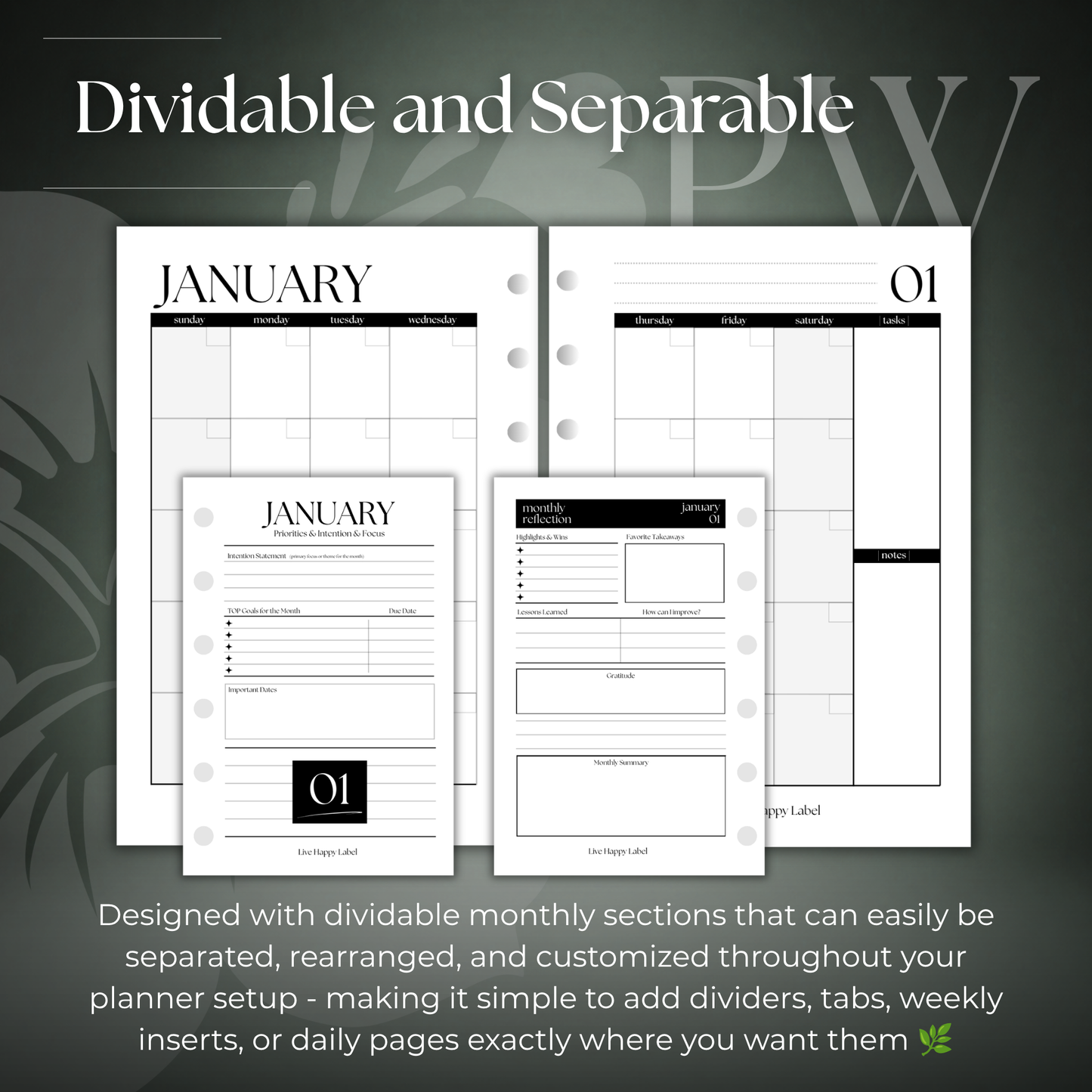Undated Monthly Calendar Inserts | Pocket, 6-ring Punch