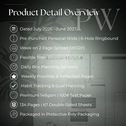 2026-2027 "Time Blocking" Layout Weekly Planner WO2P | Personal Wide 6-Hole Ringbound