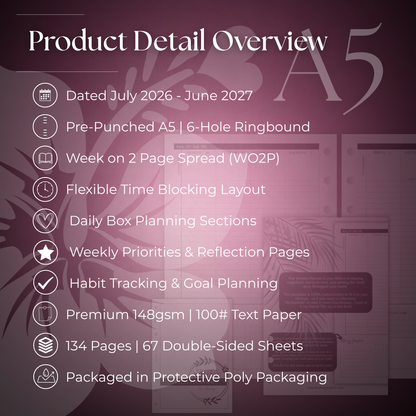 2026-2027 "Time Blocking" Layout Weekly Planner WO2P | A5 6-Hole Ringbound