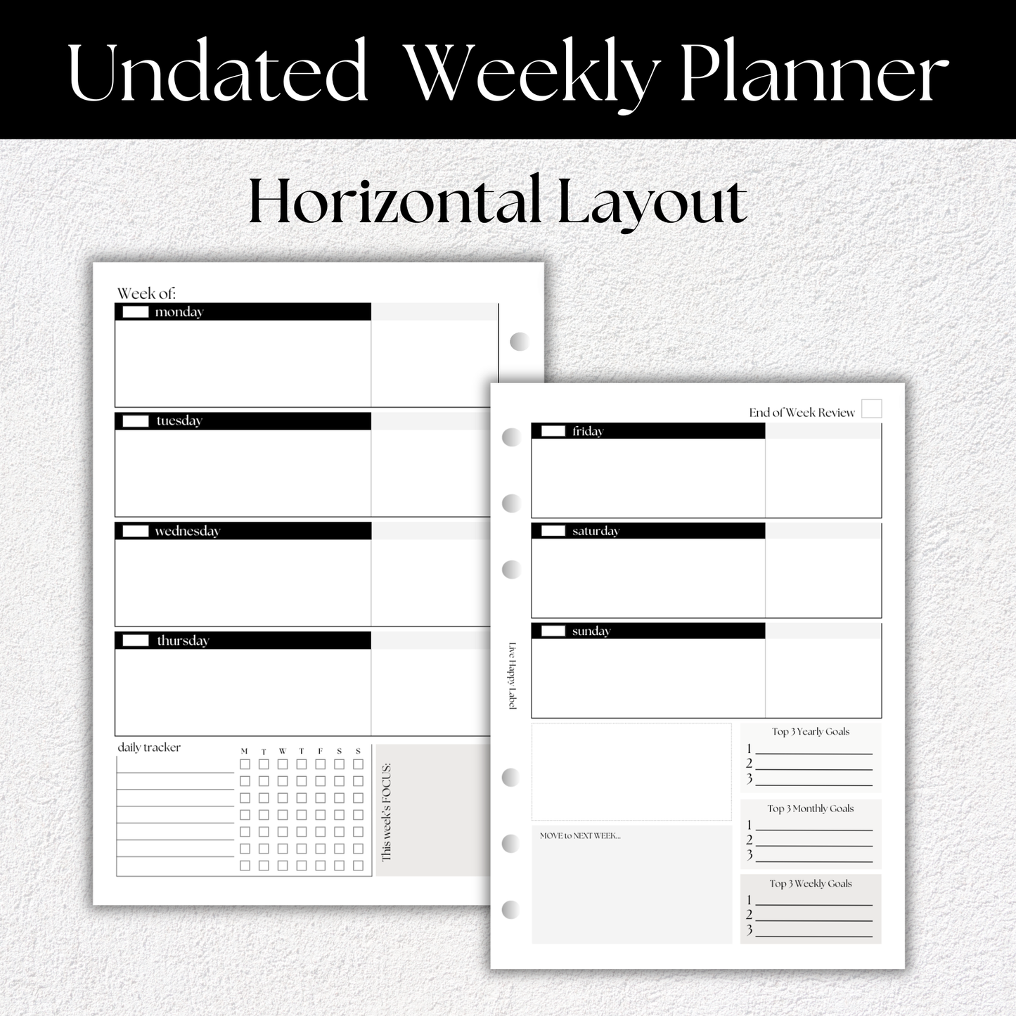 Undated Weekly Planner Inserts ~ Horizontal Format | A5, 6-ring Punch