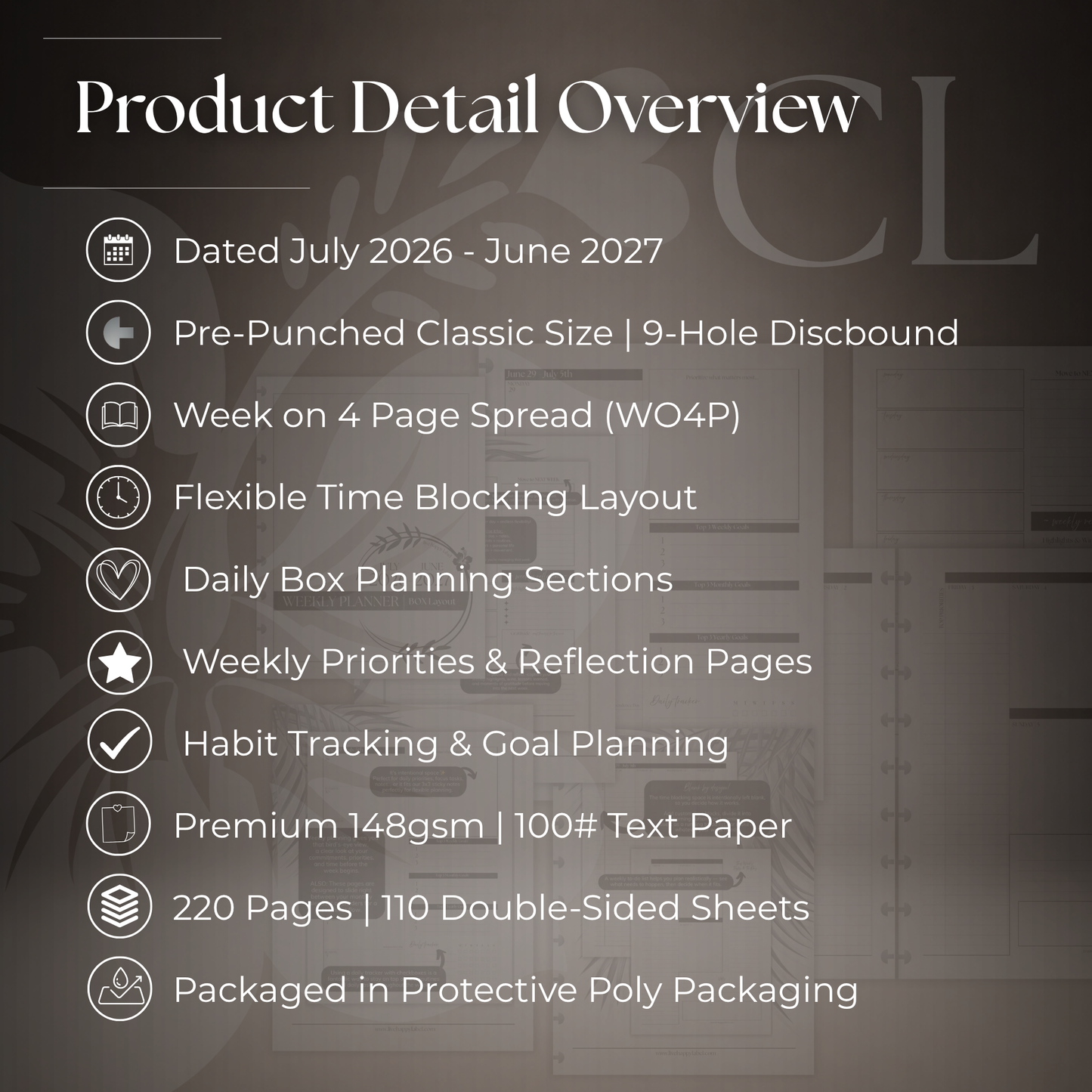 2026-2027 "BOX" Layout Weekly Planner WO4P | Classic 9-Hole Discbound