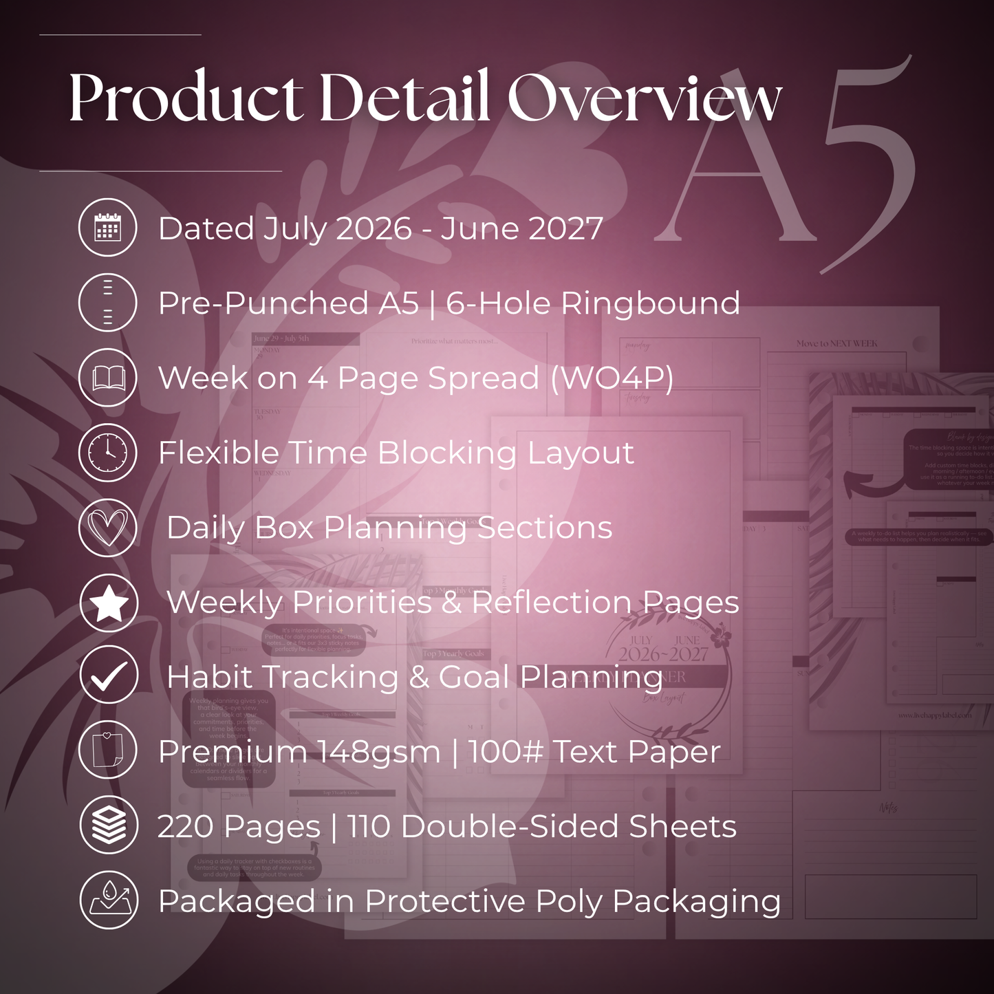 2026-2027 "BOX" Layout Weekly Planner WO4P | A5 6-Hole Ringbound