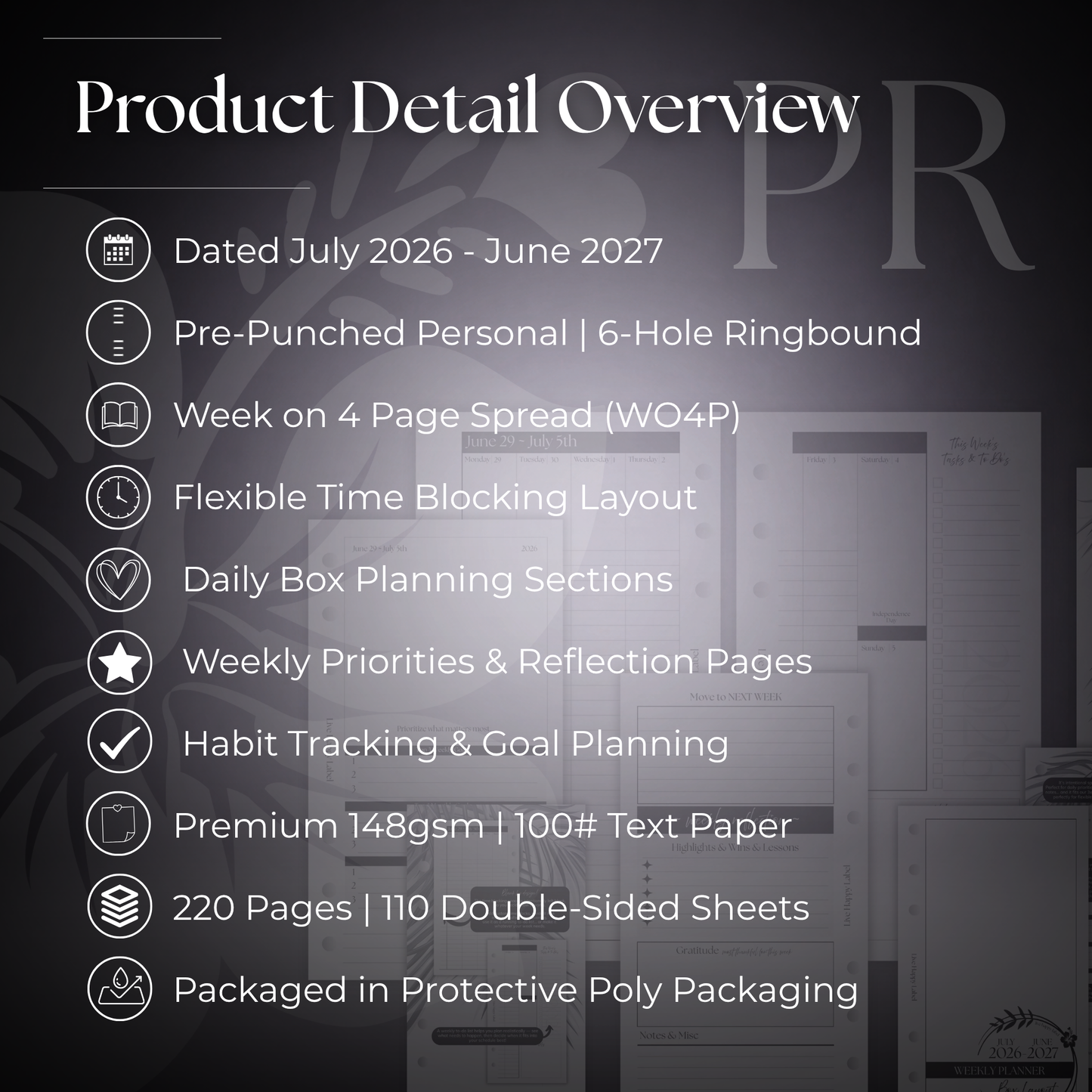 2026-2027 "BOX" Layout Weekly Planner WO4P | Personal 6-Hole Ringbound