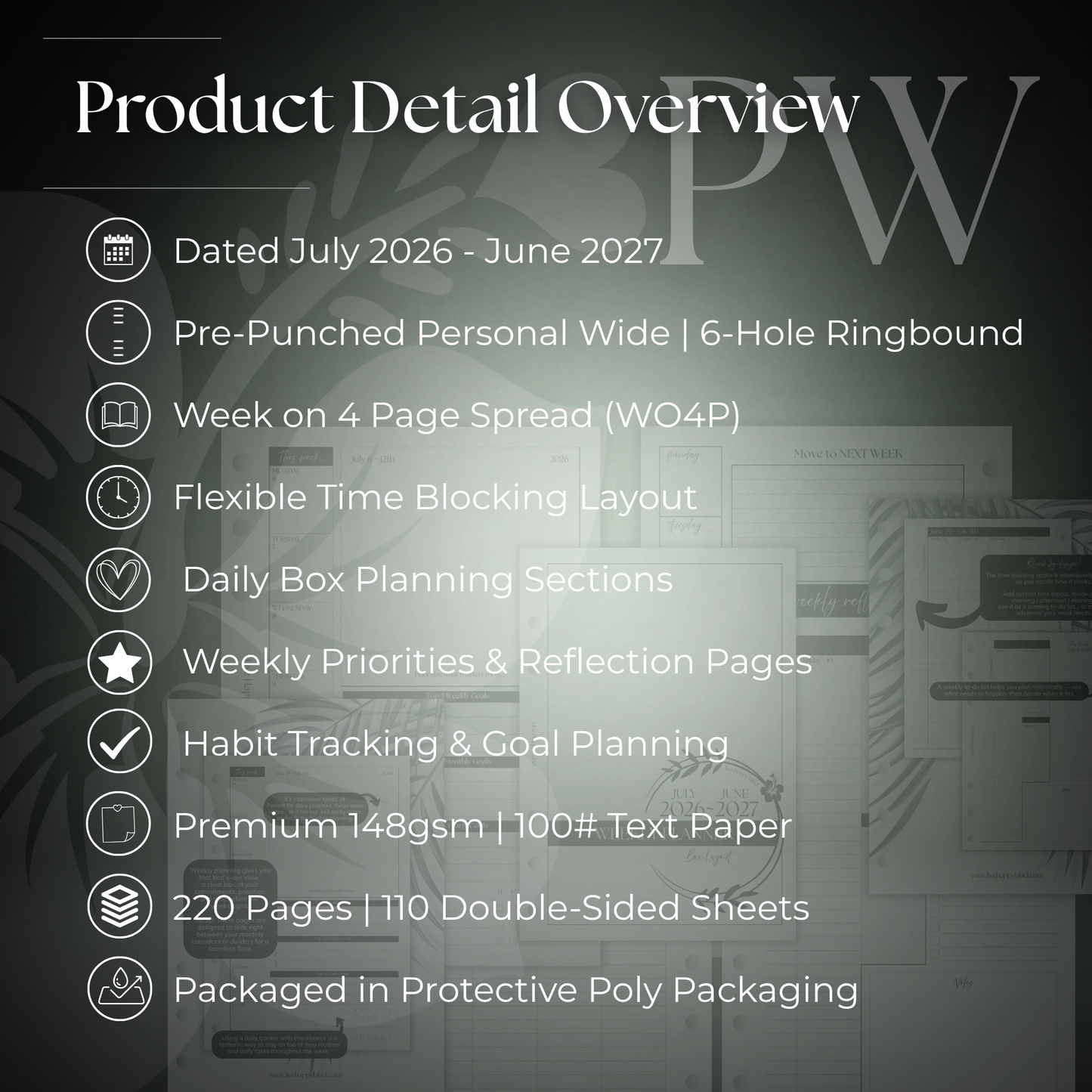 2026-2027 "BOX" Layout Weekly Planner WO4P | Personal Wide 6-Hole Ringbound