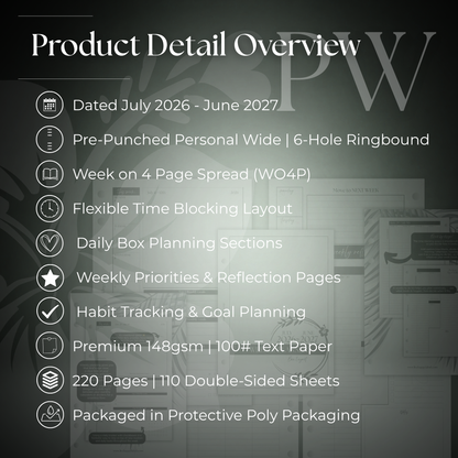 2026-2027 "BOX" Layout Weekly Planner WO4P | Personal Wide 6-Hole Ringbound