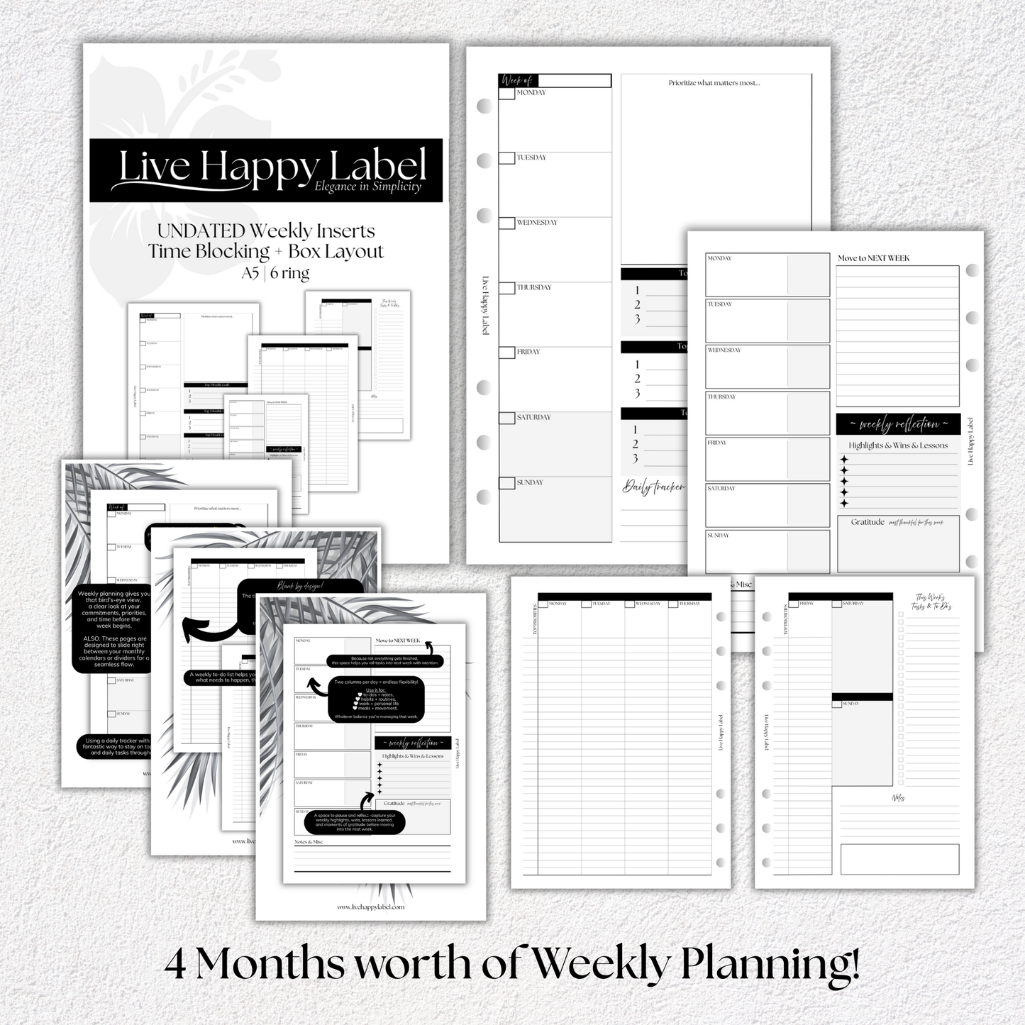 Undated Weekly Planner Inserts ~ Box Format + Time Blocking *DIVIDABLE * | A5, 6-ring Punch