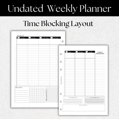 Undated Weekly Planner Inserts ~ Time Blocking Format | A5, 6-ring Punch