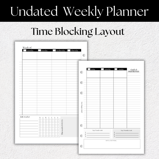Undated Weekly Planner Inserts ~ Time Blocking Format | A5, 6-ring Punch