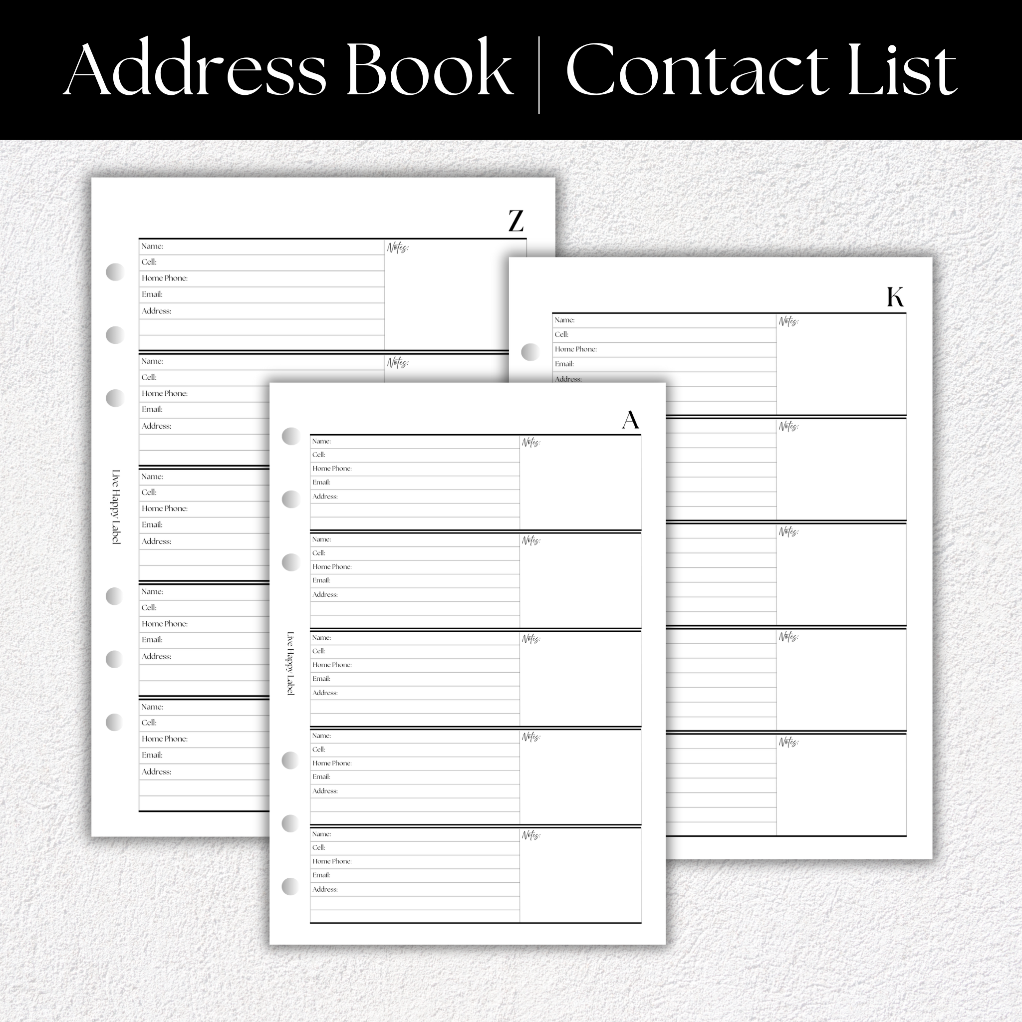 Address Book & Contact List Planner Inserts | A5, 6-ring Punch ...