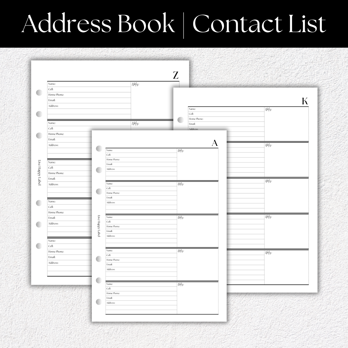 Address Book & Contact List Planner Inserts | A5, 6-ring Punch