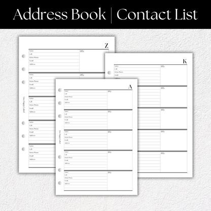 Address Book & Contact List Planner Inserts | A5, 6-ring Punch